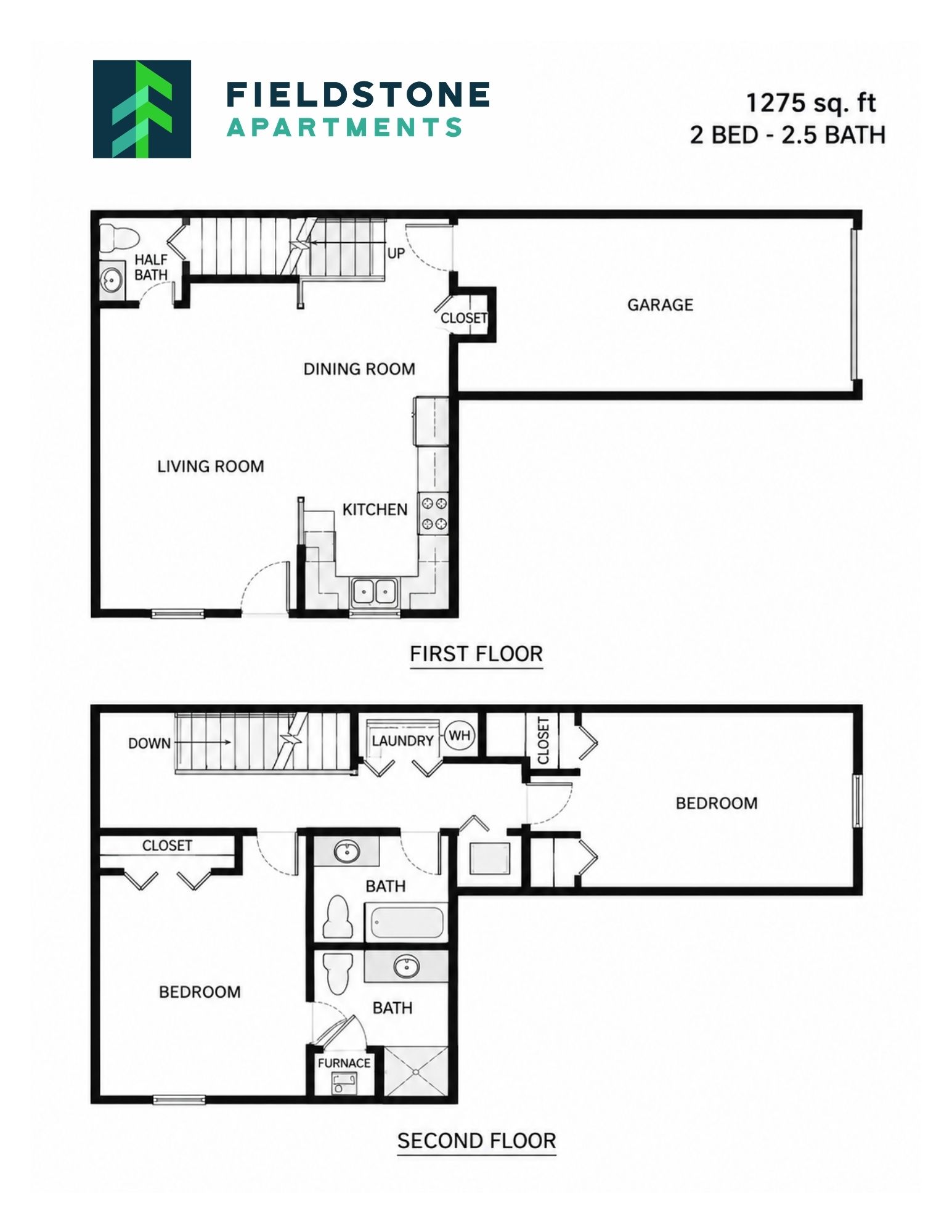 Floor plan for 2 beds, 2 baths, 1275 sqft